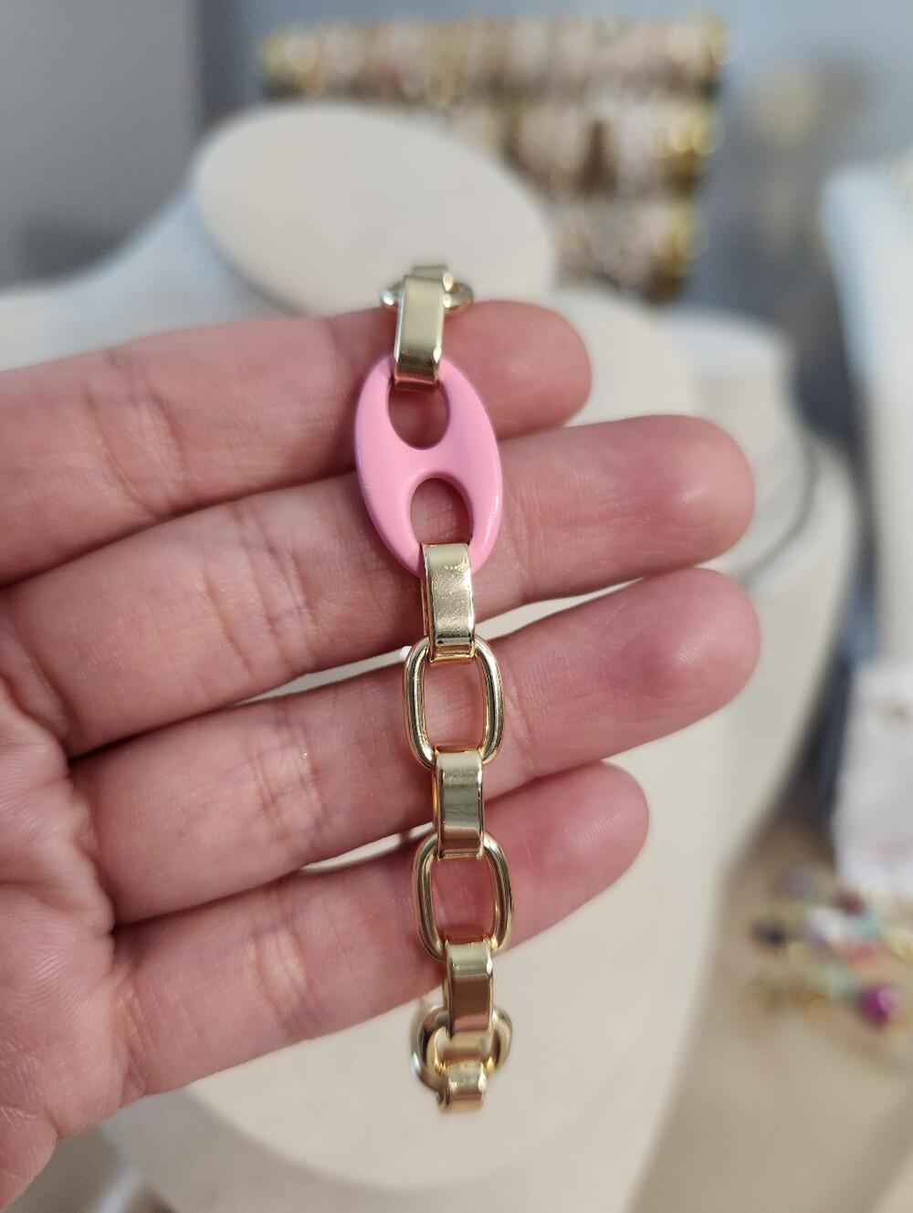 14k Gold Plated Chunky Paperclip Pink Link Bracelet - Picture 2 of 4